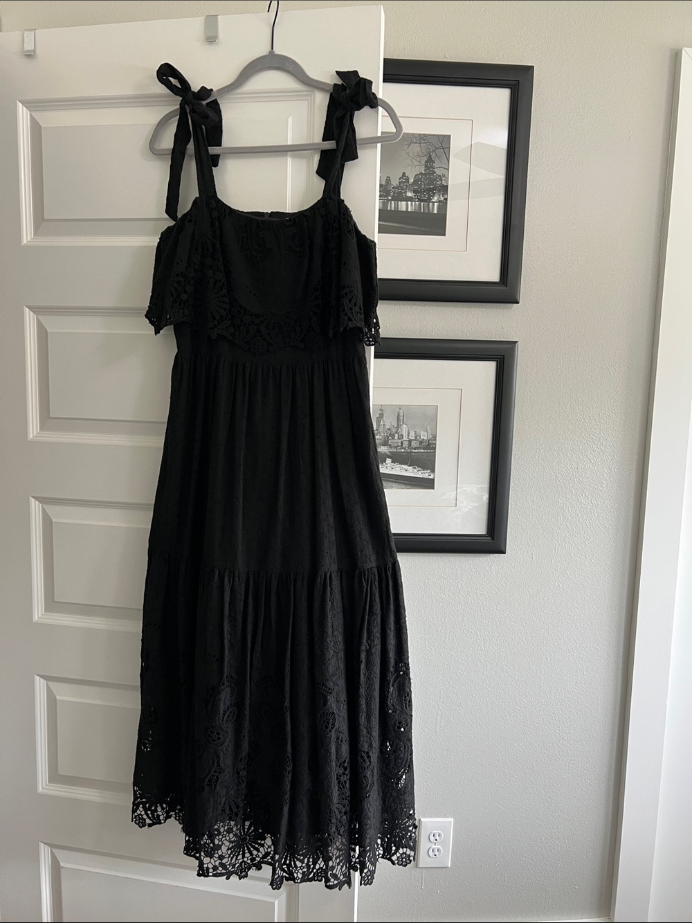 ANTONIO MELANI Black Cotton Eyelet Lace Tie-Shoulder Midi Dress